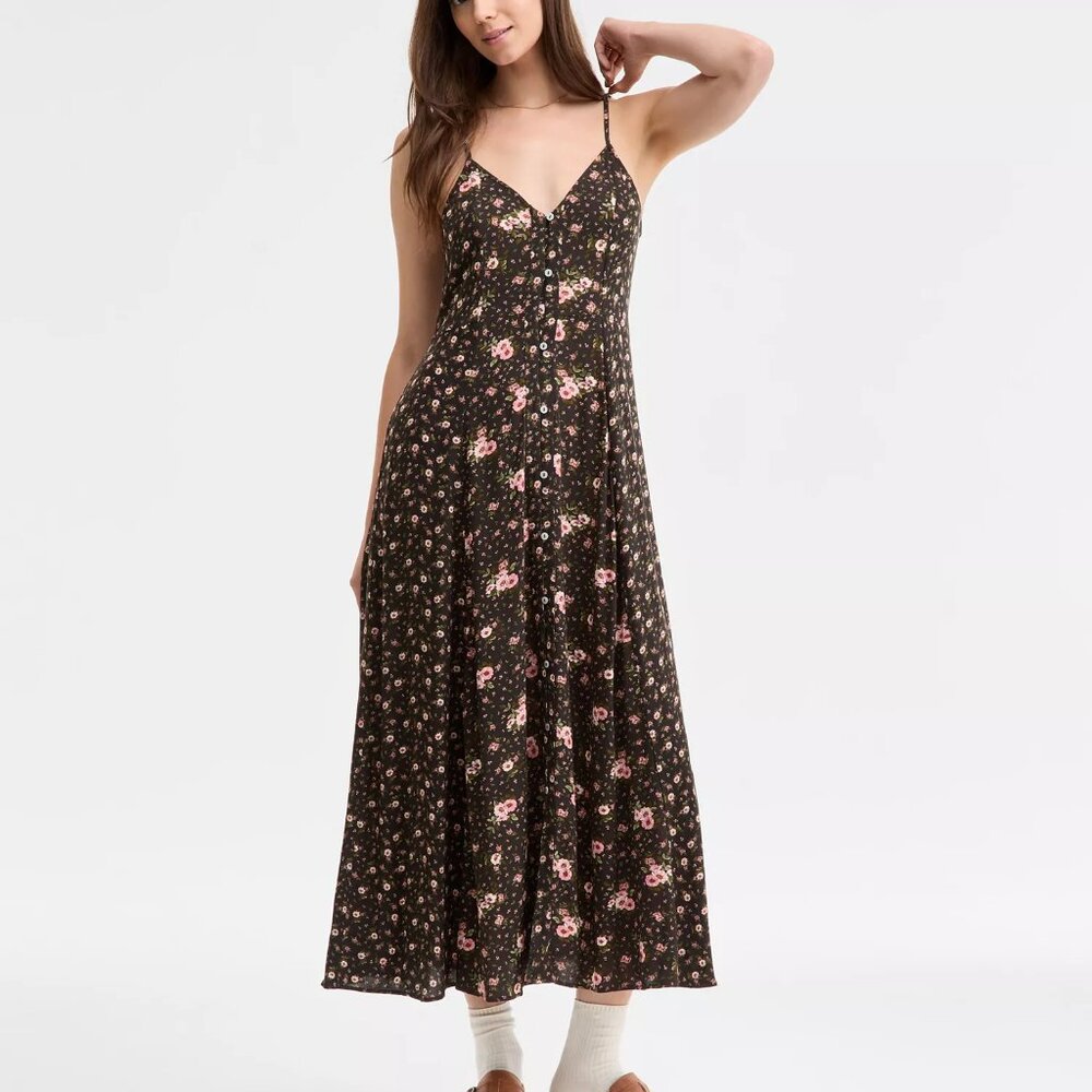 NEW Lucky Brand Floral Print Brown Midi Dress Size XS